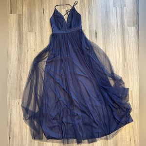 LULUS NAVY BLUE BACKLESS TULLE MAXI GOWN SIZE SMALL